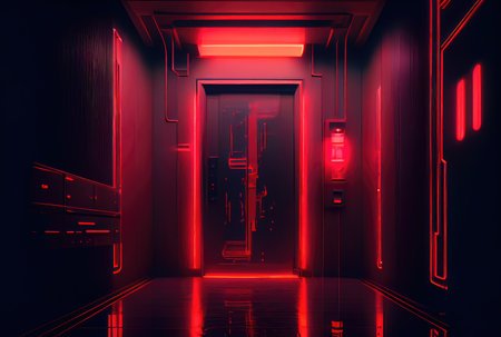 Red light neon elevator in the end of hallway corridor background. Interior architecture and modern technology concept. Generative AIの素材