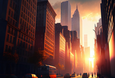 Beautiful cityscape view with sunlight in the sunset background. Downtown and tourism concept. Generative AIの素材
