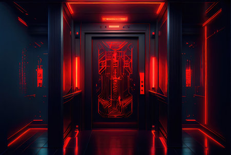 Red light neon elevator in the end of hallway corridor background. Interior architecture and modern technology concept. Generative AIの素材