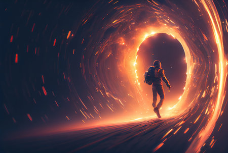 Astronaut is escaping from the void in the space with a warp portal background. Science and Technology concept. Generative AIの素材