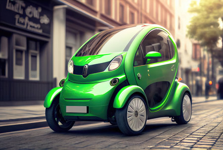 Green future car on the road in the city urban scene at day background. Technology and transportation concept. Generative AIの素材