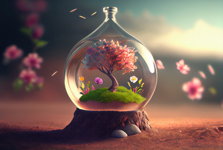 Colorful flowers are blooming from the ground in the glass bottle with sky illustration fantasy background. First day of spring and Beauty in nature concept art. Generative AIの素材