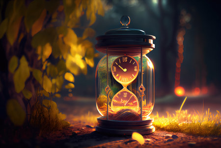 Clock in the nature landscape with daylight saving concept background. Time overlap and Time zone theme. Generative AIの素材