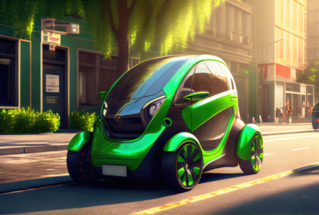 Green future car on the road in the city urban scene at day background. Technology and transportation concept. Generative AIの素材