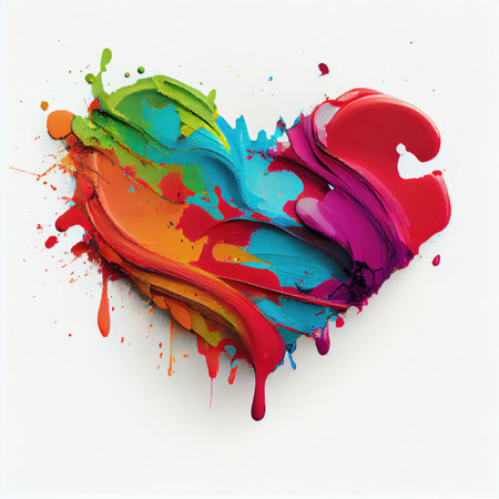 Colorful heart shape in oil paint color on isolated white background. Valentines day and romance concept. Digital art illustration theme. Generative AIの素材