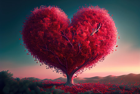 Red heart shape tree landscape with sky background. Valentines day and romance concept. Digital art illustration. Generative AIの素材
