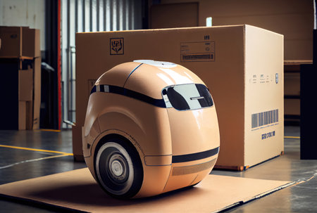 Robot AGV transporting cardboard box in warehouse background. Technology innovation and delivery concept. Generative AIの素材
