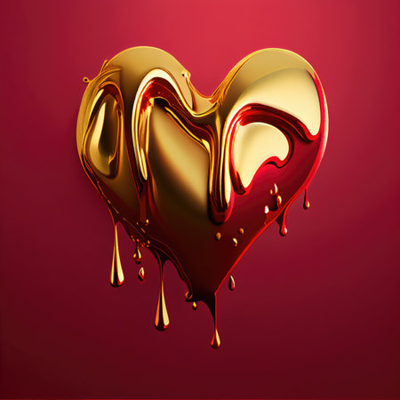 Golden heart shape on red background. Valentines day and romance concept. Digital art illustration theme. Generative AIの素材