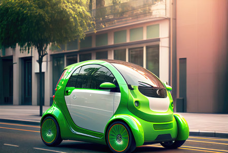 Green future car on the road in the city urban scene at day background. Technology and transportation concept. Generative AIの素材
