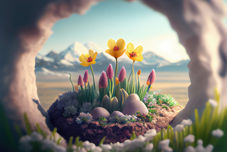 Yellow flowers are blooming from the ground with sky illustration fantasy background. First day of spring and Beauty in nature concept art. Generative AIの素材