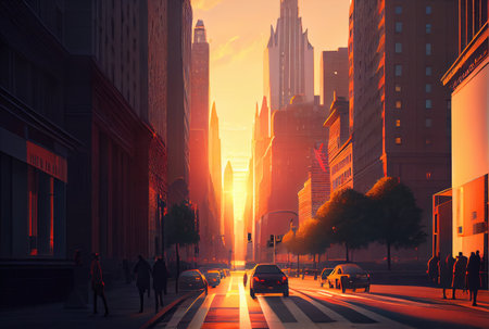Beautiful cityscape view with sunlight in the sunset background. Downtown and tourism concept. Generative AIの素材