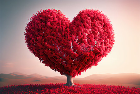 Red heart shape tree landscape with sky background. Valentines day and romance concept. Digital art illustration. Generative AIの素材