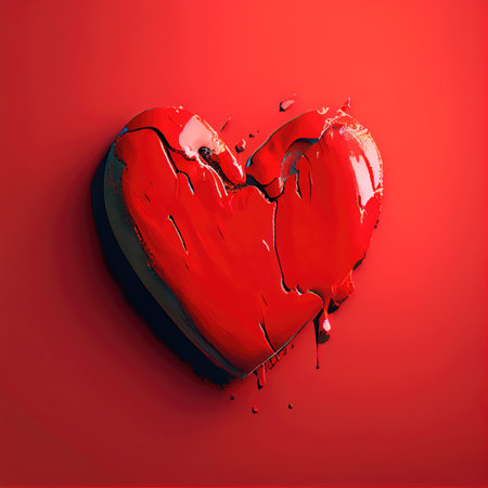 Red heart shape cracked stone on red background. Valentines day and romance concept. Digital art illustration theme. Generative AIの素材