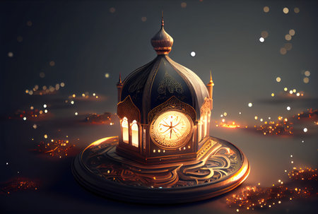 Golden Islamic mosque in New Year celebration festival background. Culture and religion concept. Digital art illustration. Generative AIの素材