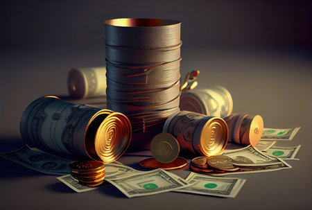 Money savings concept with gold coin and banknote money. Economic and business theme. Generative AIの素材
