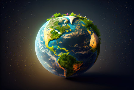 Beautiful Blue globe on the ground with decorating in summer season background. Beauty in nature and World Earth Day concept. Generative AIの素材