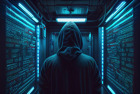 Hacker in the black hood in the server room. Unrecognizable people. Technology and Cybersecurity and Criminal concept. Generative AIの素材