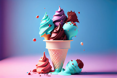 Melting ice cream cone with sweet toppings on minimal studio background. Summer food and fun concept. Digital art illustration theme. Generative AIの素材