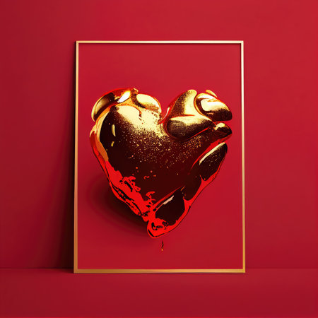 Golden heart shape on red background. Valentines day and romance concept. Digital art illustration theme. Generative AIの素材
