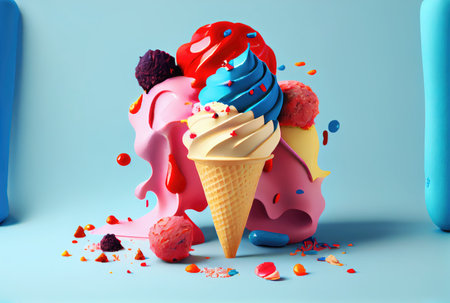Melting ice cream cone with sweet toppings on minimal studio background. Summer food and fun concept. Digital art illustration theme. Generative AIの素材