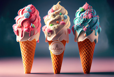 Melting ice cream cone with sweet toppings on minimal studio background. Summer food and fun concept. Digital art illustration theme. Generative AIの素材
