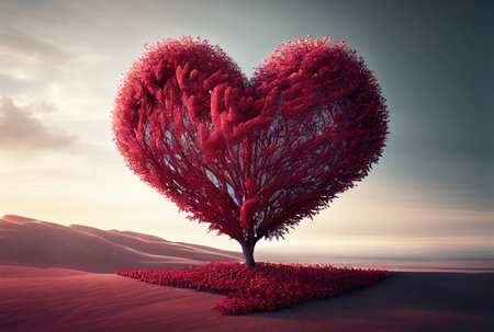 Red heart shape tree landscape with sky background. Valentines day and romance concept. Digital art illustration. Generative AIの素材