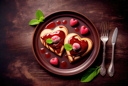 Strawberry pancake in heart shape on the dish in dinning table background. Food and dessert concept. Digital art illustration. Generative AIの素材