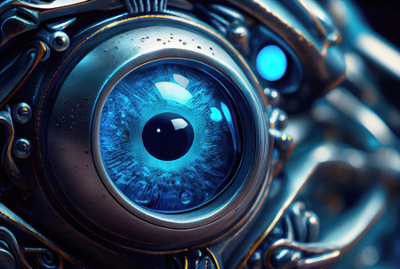 Closeup of blue robot eyes with metallic structure background. Technology and Innovation concept. Generative AIの素材