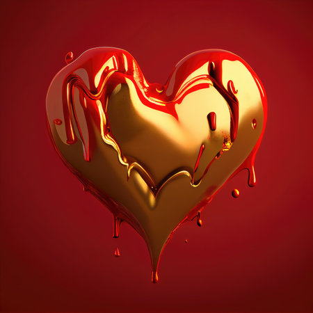 Golden heart shape on red background. Valentines day and romance concept. Digital art illustration theme. Generative AIの素材