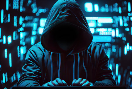 Hacker in the black hood in the server room. Unrecognizable people. Technology and Cybersecurity and Criminal concept. Generative AIの素材