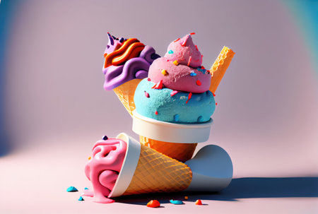 Melting ice cream cone with sweet toppings on minimal studio background. Summer food and fun concept. Digital art illustration theme. Generative AIの素材