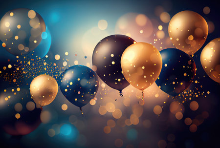 Blue and gold balloons for New Year party celebration with confetti background. Generative AIの素材