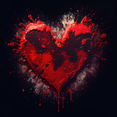 Red heart shape on dark black background. Valentines day and romance concept. Digital art illustration theme. Generative AIの素材