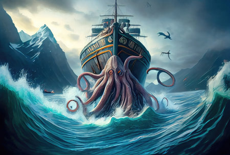 Kraken the giant octopus under the deep sea attacking and sinking the ship background. Digital art illustration. Mythical fantasy creatures concept. Generative AIの素材