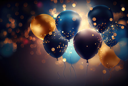 Blue and gold balloons for New Year party celebration with confetti background. Generative AIの素材