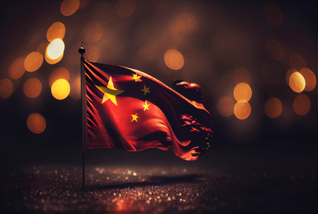 China flag with shiny bokeh light background. China flag in the dark with illumination light. National day concept. Generative AIの素材