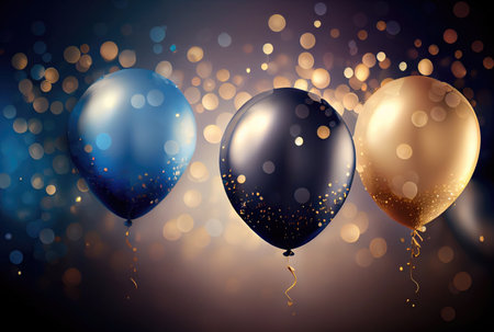 Blue and gold balloons for New Year party celebration with confetti background. Generative AIの素材