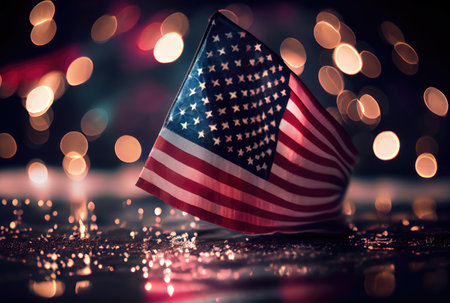 The United States of America USA flag with colorful shiny bokeh light background. Nation flag in the dark with illumination light. National day concept. Generative AIの素材