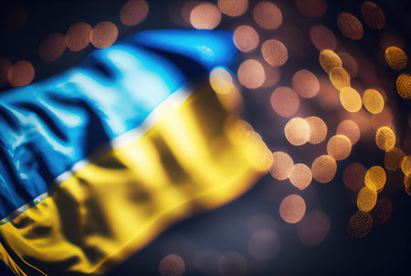 Ukraine flag with colorful shiny bokeh light background. Nation flag in the dark with illumination light. National day concept. Generative AIの素材
