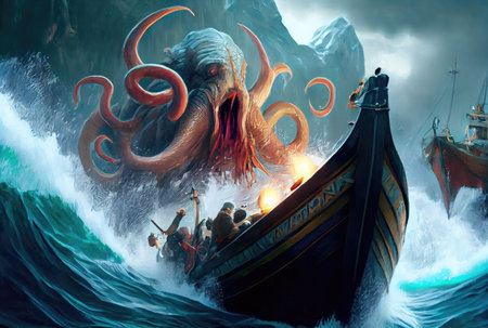Kraken the giant octopus under the deep sea attacking and sinking the ship background. Digital art illustration. Mythical fantasy creatures concept. Generative AIの素材