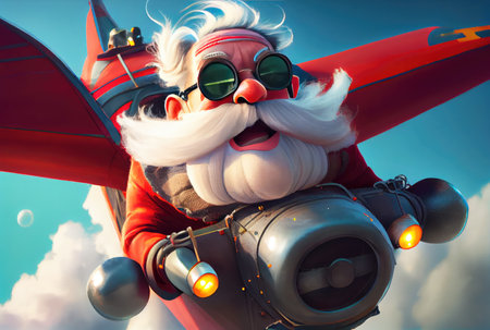 Santa Claus flying on a propeller plane above the blue sky and cloudy background. Merry Christmas and Happy new year concept. Digital art illustration. Generative AIの素材