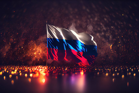 Russia flag with colorful shiny bokeh light background. Nation flag in the dark with illumination light. National day concept. Generative AIの素材