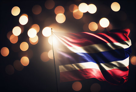 Thailand flag with colorful shiny bokeh light background. Nation flag in the dark with illumination light. National day concept. Generative AIの素材