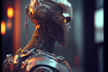 A humanoid robot sits contemplating on the side of a city street. Technology and Artificial intelligence concept. Generative AIの素材