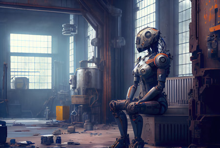 A humanoid robot with rusty sits contemplating in old abandoned factory. Technology and Artificial intelligence concept. Generative AIの素材