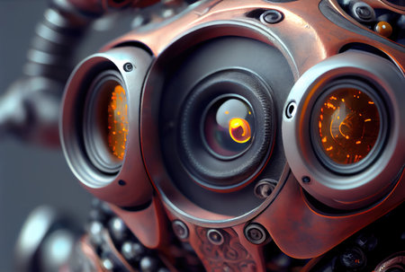 Closeup of yellow robot eyes with metallic structure background. Technology and Innovation concept. Generative AIの素材