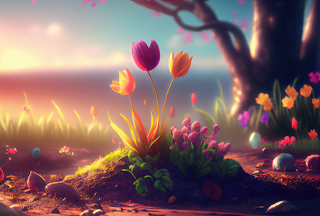 Colorful flowers are blooming from the ground with sky illustration fantasy background. First day of spring and Beauty in nature concept art. Generative AIの素材