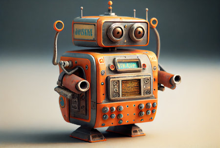 Retro tin robot toy on the minimal background. Playful and fun concept. Generative AIの素材