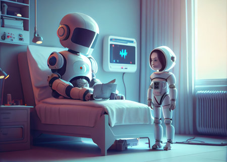 Nursing care robots take care of young patient in hospitals. Medical technology and healthcare concept. Generative AIの素材