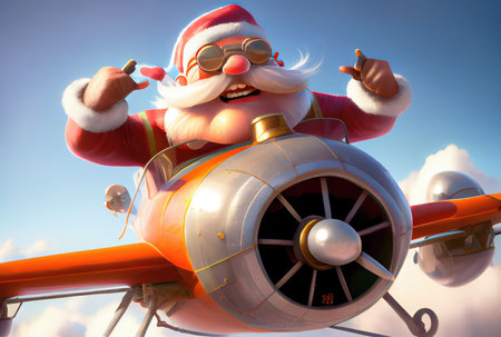 Santa Claus flying on a propeller plane above the blue sky and cloudy background. Merry Christmas and Happy new year concept. Digital art illustration. Generative AIの素材
